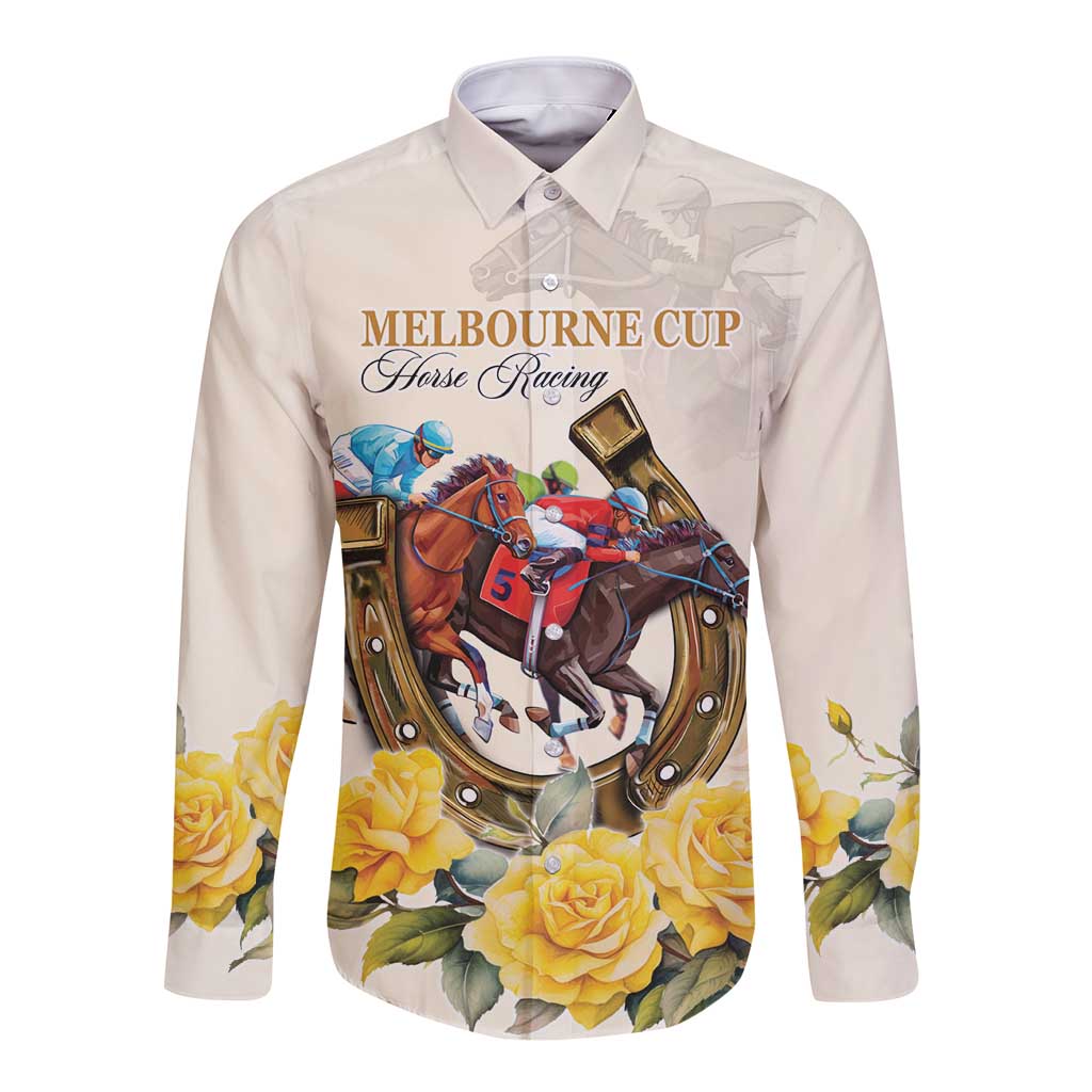 Melbourne Horse Racing Personalised Long Sleeve Button Shirt Australian Horse With Yellow Roses - Wonder Print Shop