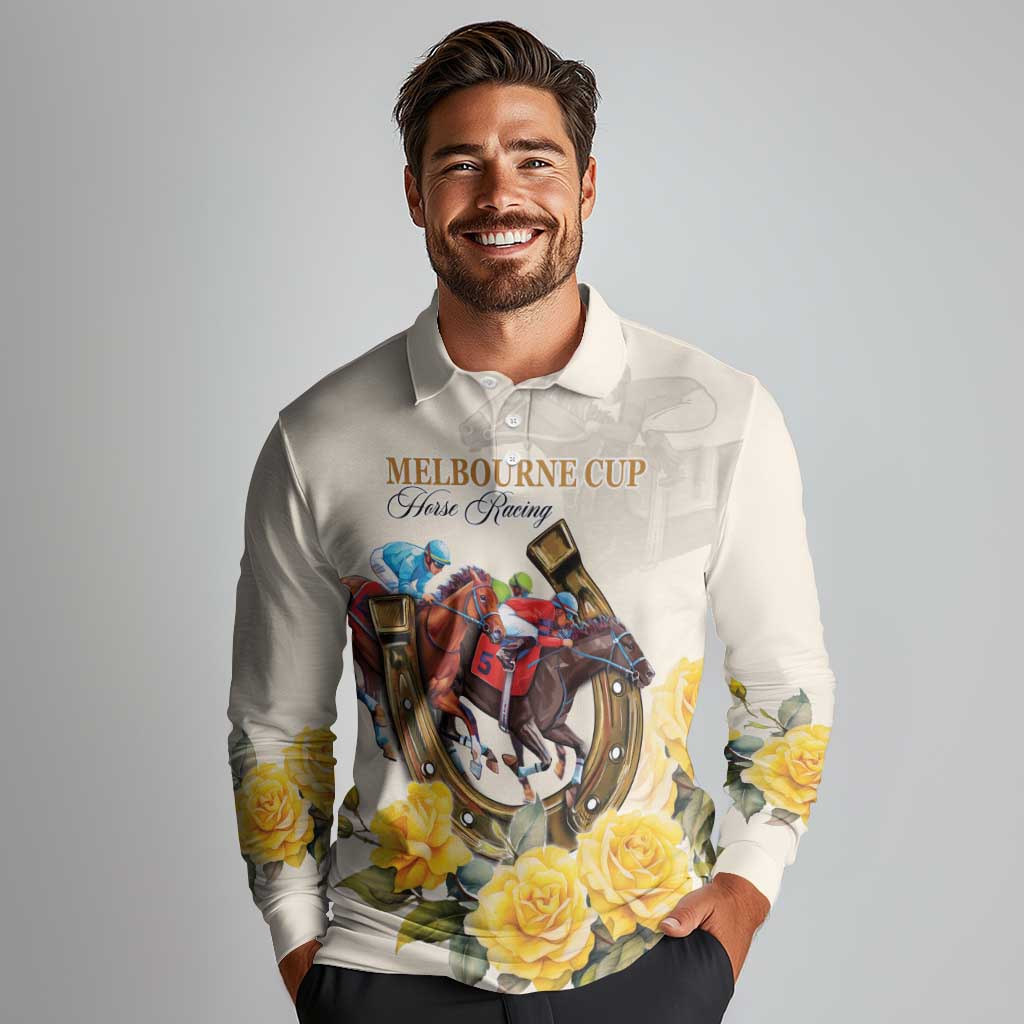 Melbourne Horse Racing Personalised Long Sleeve Polo Shirt Australian Horse With Yellow Roses - Wonder Print Shop