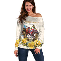 Melbourne Horse Racing Personalised Off Shoulder Sweater Australian Horse With Yellow Roses - Wonder Print Shop