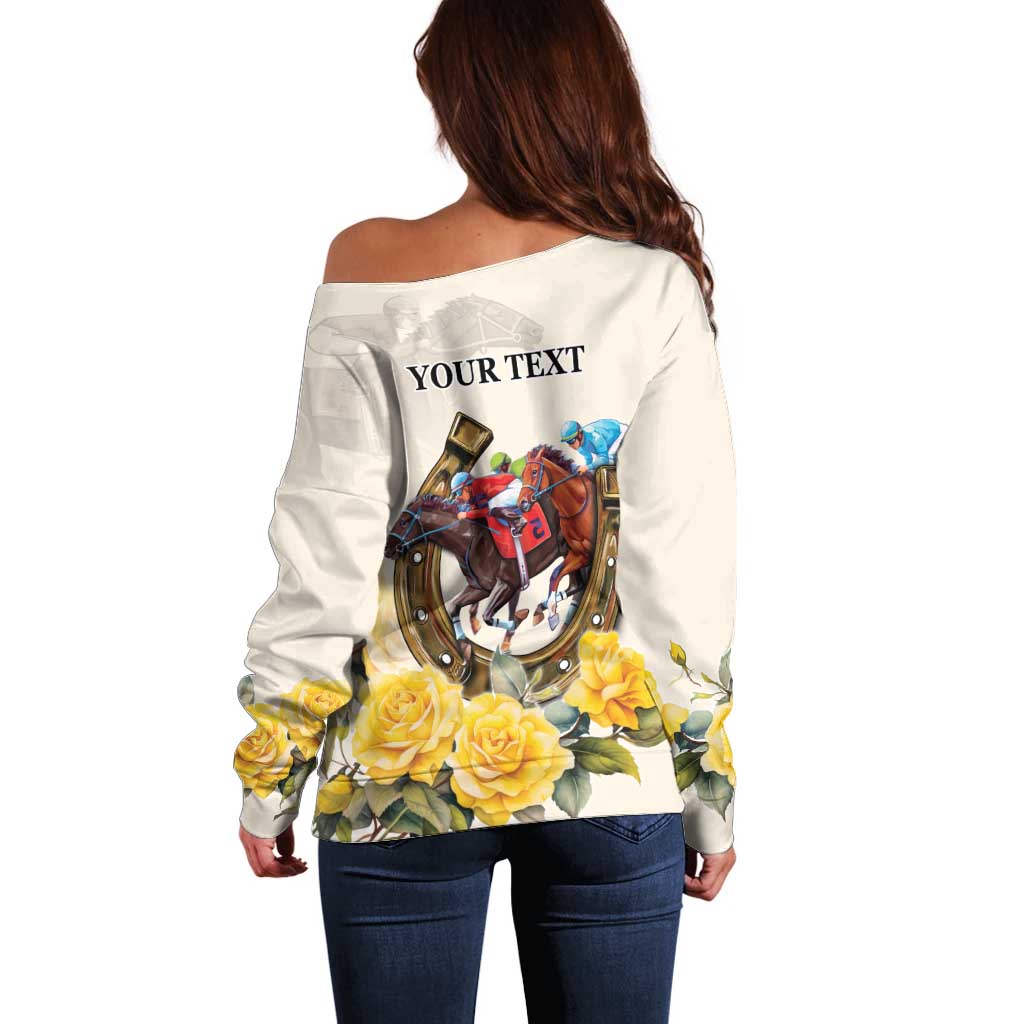 Melbourne Horse Racing Personalised Off Shoulder Sweater Australian Horse With Yellow Roses - Wonder Print Shop