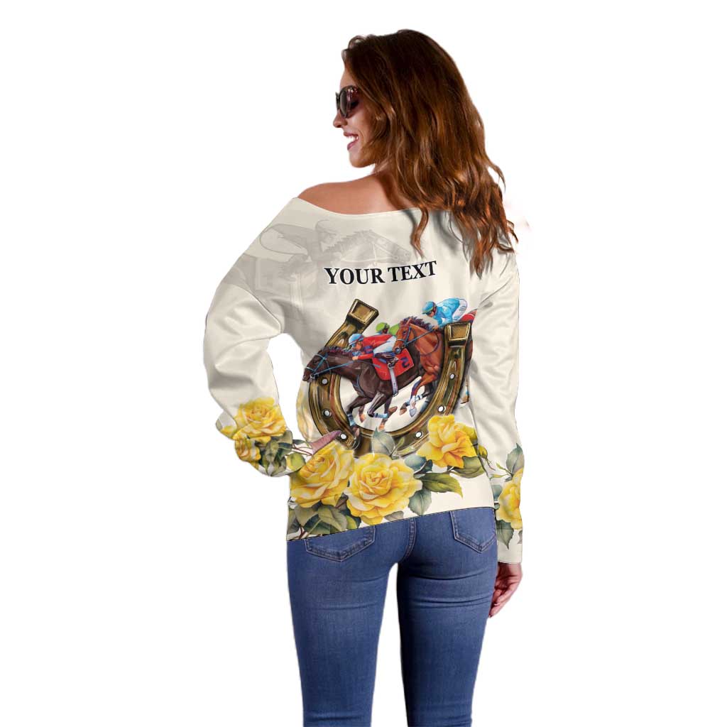 Melbourne Horse Racing Personalised Off Shoulder Sweater Australian Horse With Yellow Roses - Wonder Print Shop