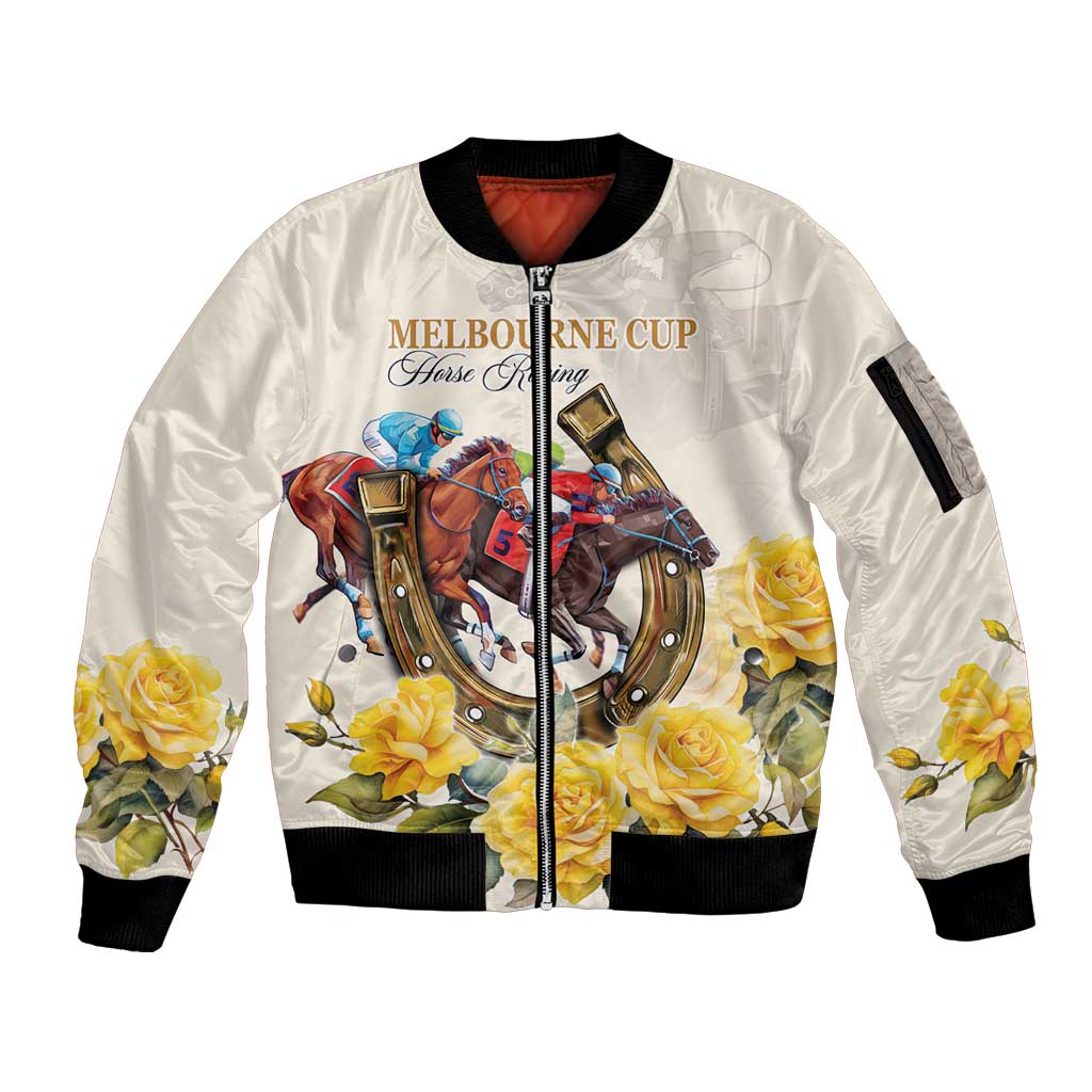Melbourne Horse Racing Personalised Sleeve Zip Bomber Jacket Australian Horse With Yellow Roses - Wonder Print Shop
