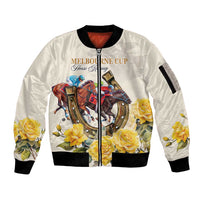 Melbourne Horse Racing Personalised Sleeve Zip Bomber Jacket Australian Horse With Yellow Roses - Wonder Print Shop