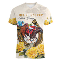 Melbourne Horse Racing Personalised Women V-Neck T-Shirt Australian Horse With Yellow Roses - Wonder Print Shop