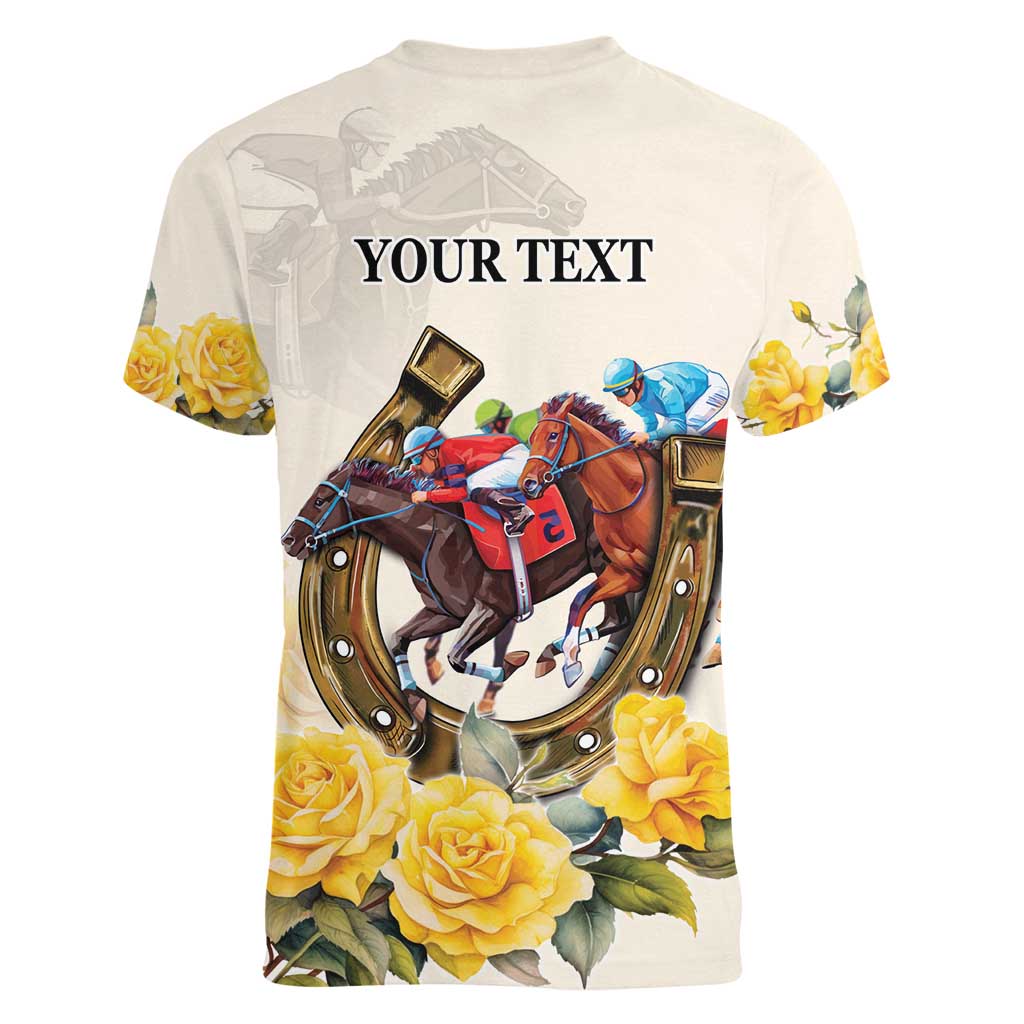 Melbourne Horse Racing Personalised Women V-Neck T-Shirt Australian Horse With Yellow Roses - Wonder Print Shop
