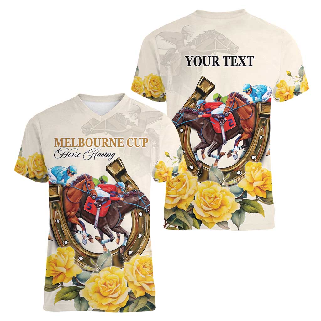 Melbourne Horse Racing Personalised Women V-Neck T-Shirt Australian Horse With Yellow Roses - Wonder Print Shop