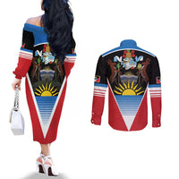 Antigua and Barbuda 1981 Couples Matching Off The Shoulder Long Sleeve Dress and Long Sleeve Button Shirt Each Endeavouring All Achieving