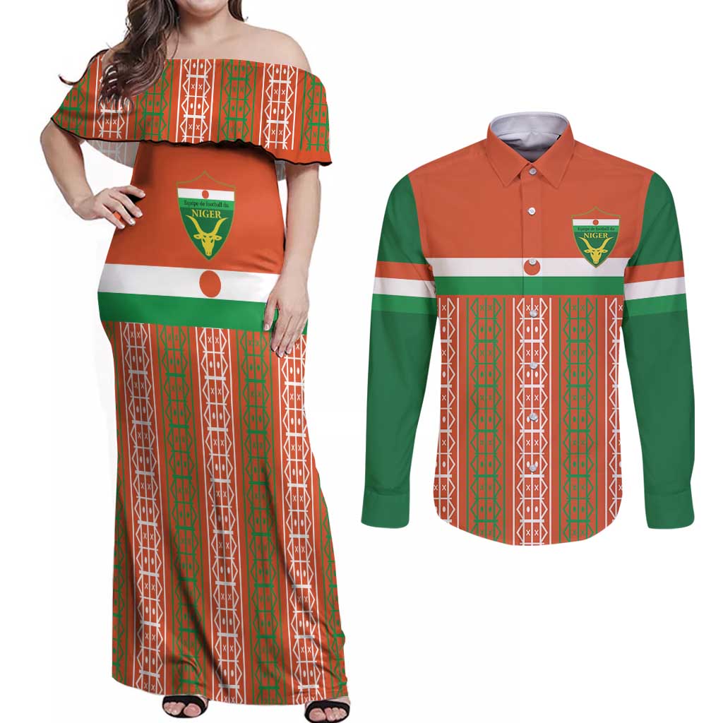 Equipe de Football Du Niger Custom Couples Matching Off Shoulder Maxi Dress and Long Sleeve Button Shirt LT9 - Wonder Print Shop