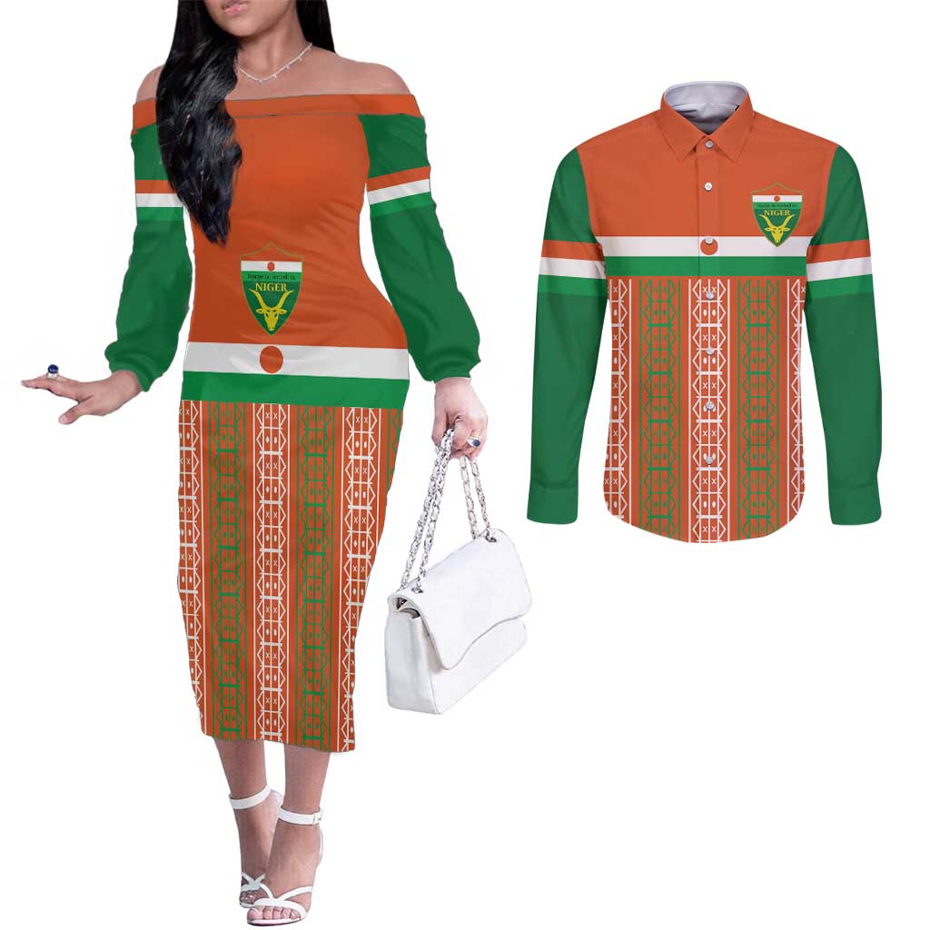 Equipe de Football Du Niger Custom Couples Matching Off The Shoulder Long Sleeve Dress and Long Sleeve Button Shirt