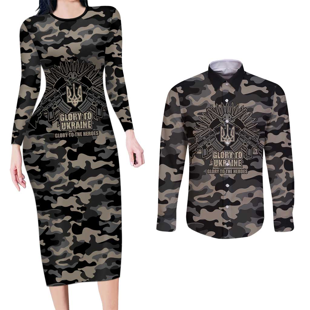 Glory to Ukraine Couples Matching Long Sleeve Bodycon Dress and Long Sleeve Button Shirt Glory to the Heroes