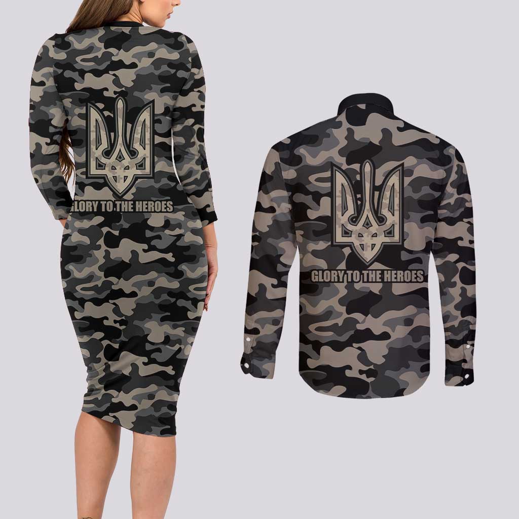Glory to Ukraine Couples Matching Long Sleeve Bodycon Dress and Long Sleeve Button Shirt Glory to the Heroes