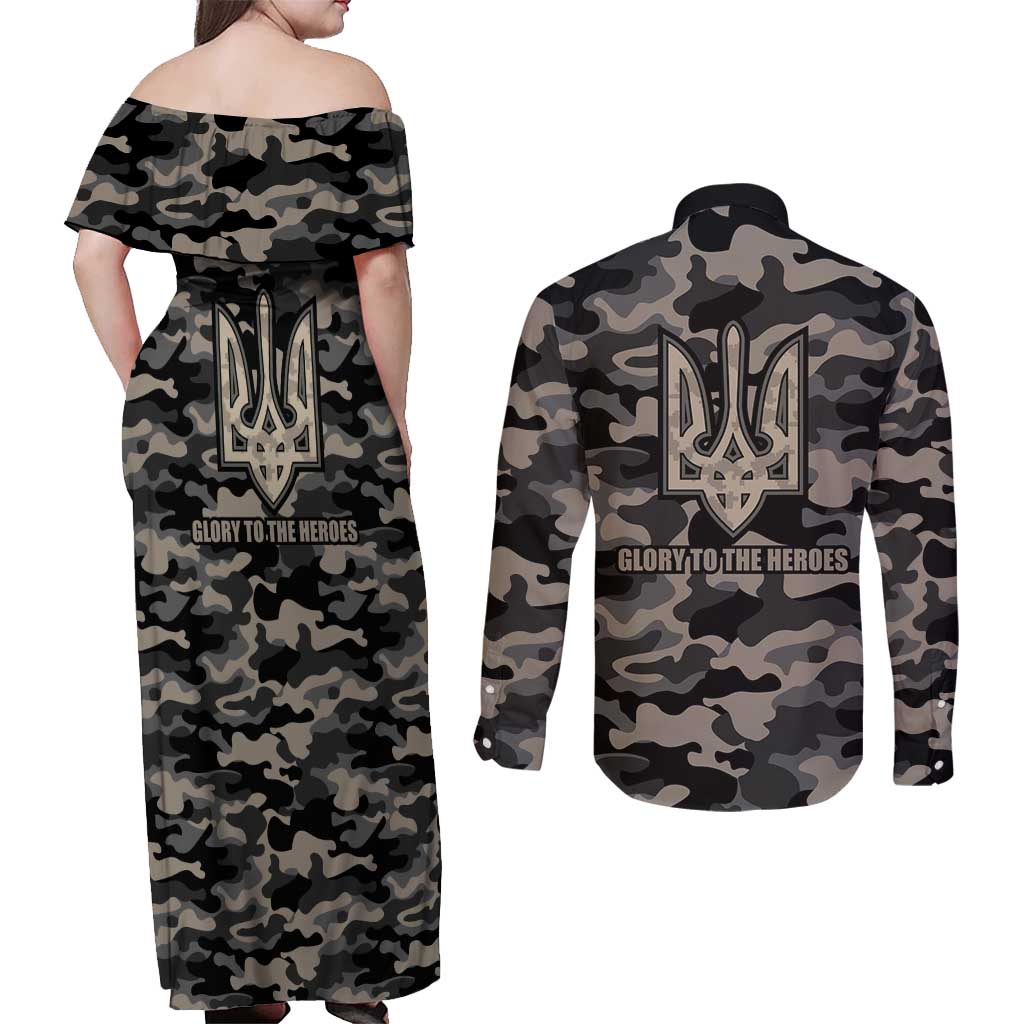 Glory to Ukraine Couples Matching Off Shoulder Maxi Dress and Long Sleeve Button Shirt Glory to the Heroes