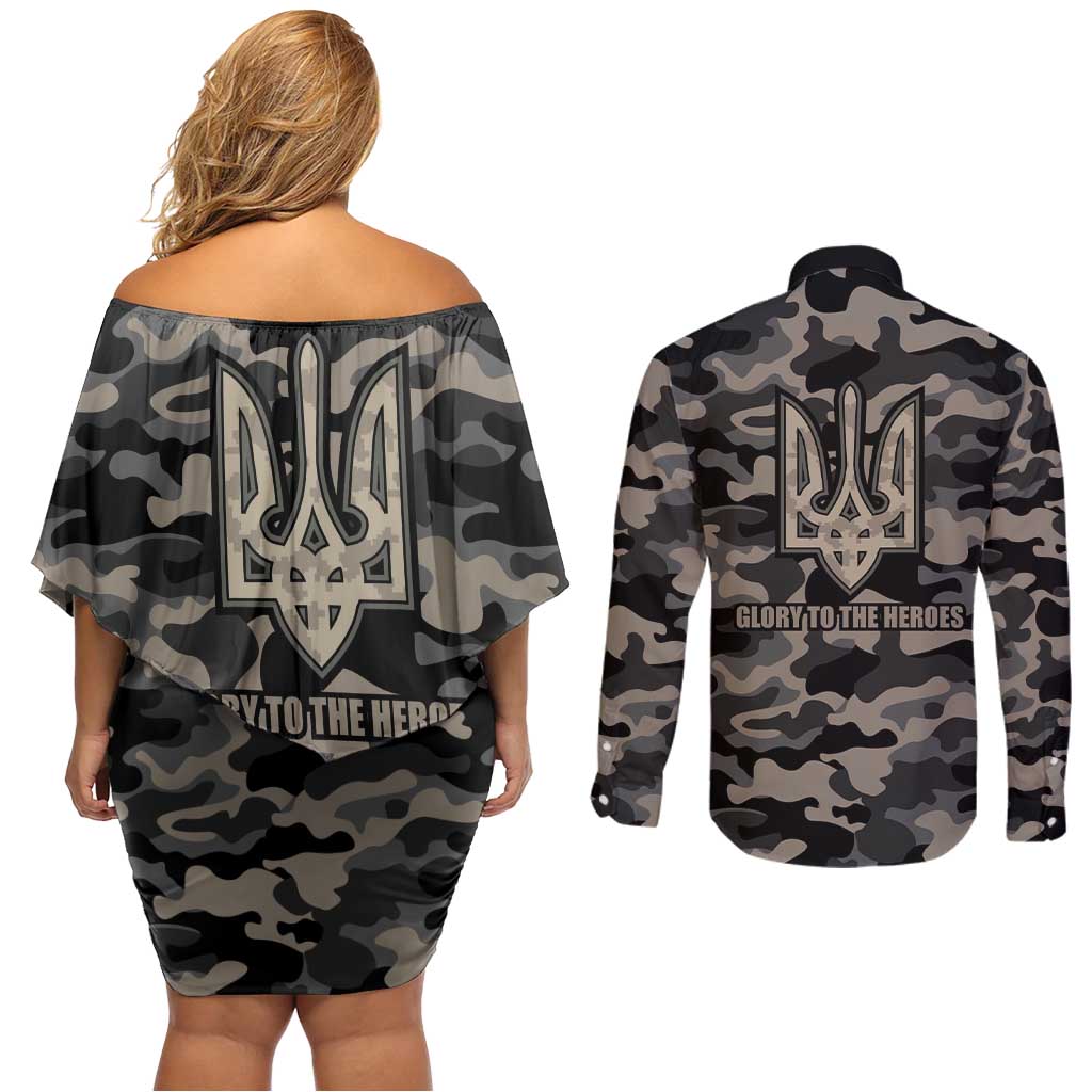 Glory to Ukraine Couples Matching Off Shoulder Short Dress and Long Sleeve Button Shirt Glory to the Heroes
