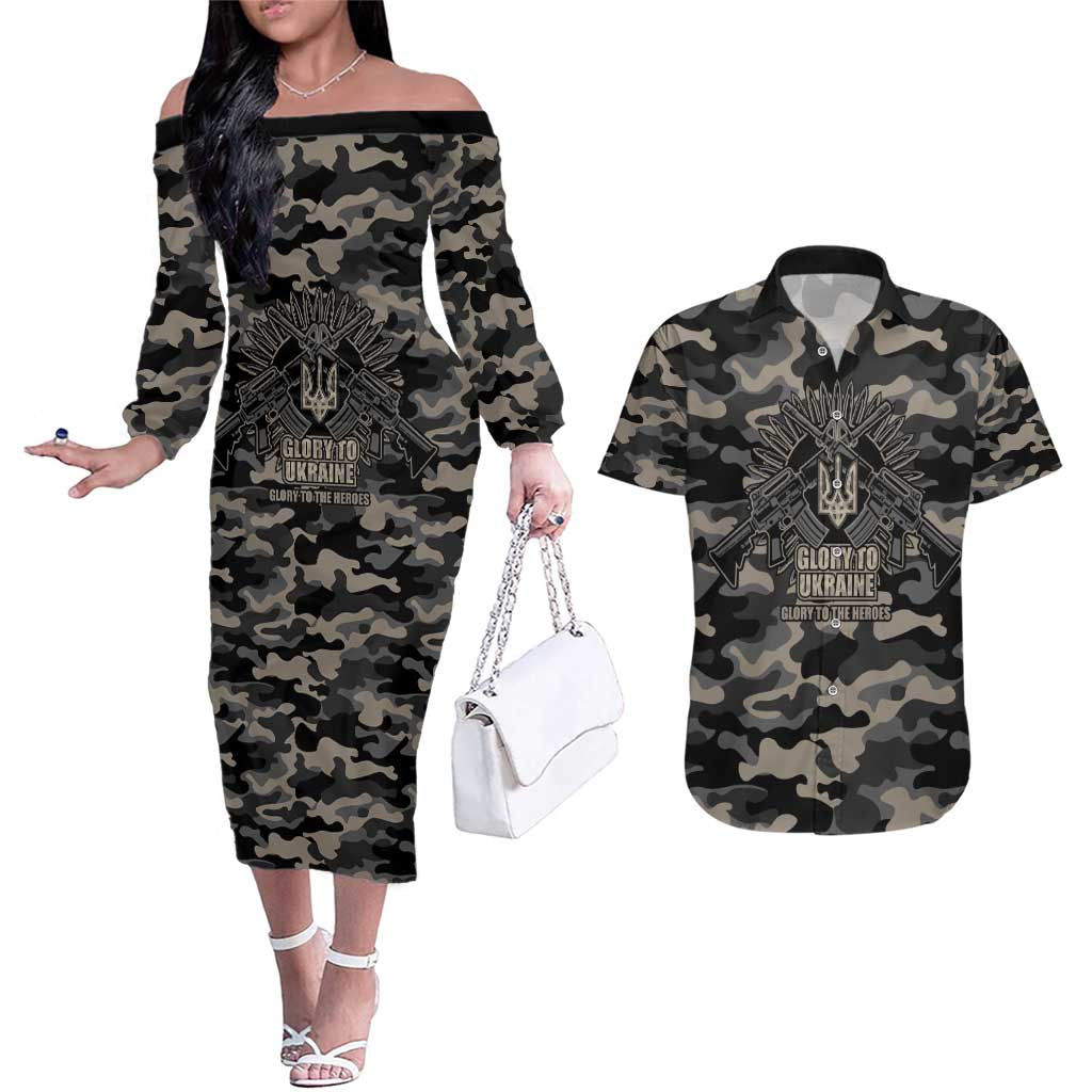 Glory to Ukraine Couples Matching Off The Shoulder Long Sleeve Dress and Hawaiian Shirt Glory to the Heroes