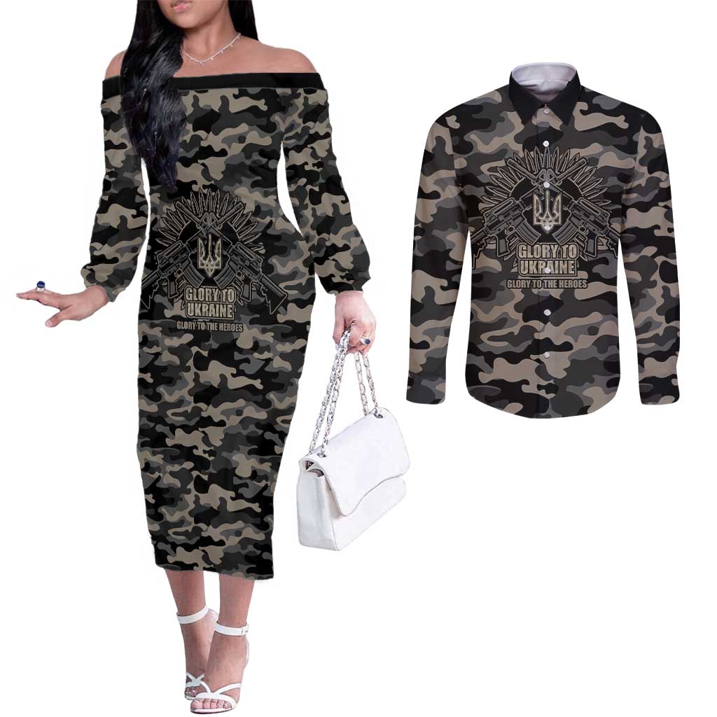 Glory to Ukraine Couples Matching Off The Shoulder Long Sleeve Dress and Long Sleeve Button Shirt Glory to the Heroes