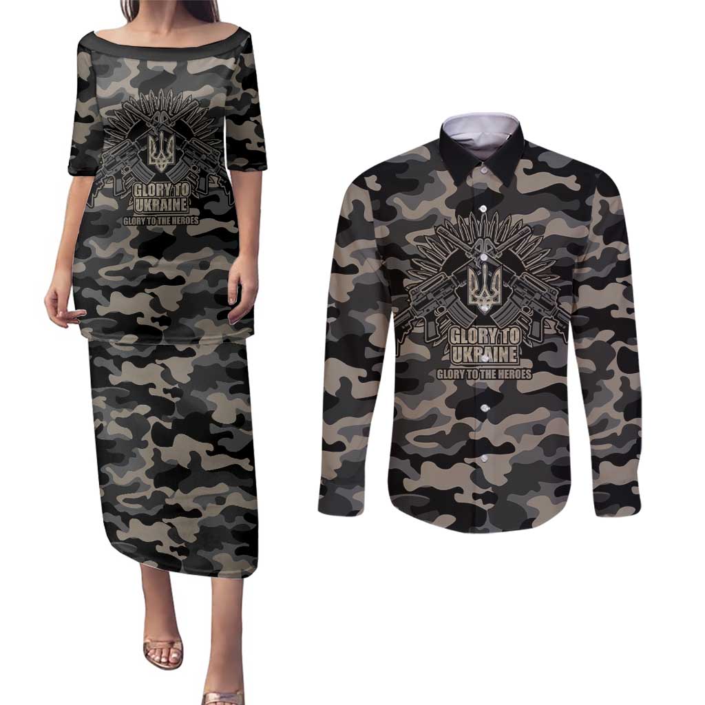 Glory to Ukraine Couples Matching Puletasi and Long Sleeve Button Shirt Glory to the Heroes