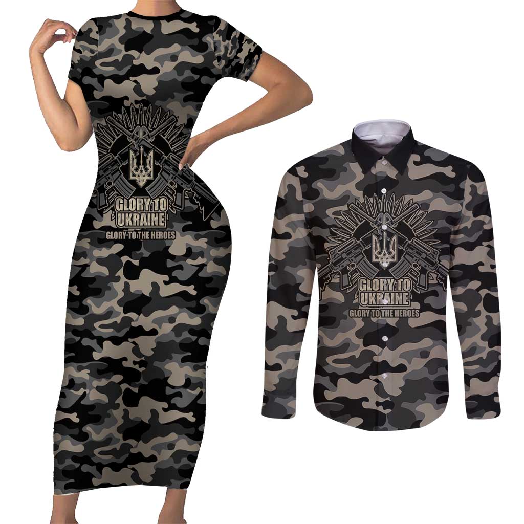 Glory to Ukraine Couples Matching Short Sleeve Bodycon Dress and Long Sleeve Button Shirt Glory to the Heroes