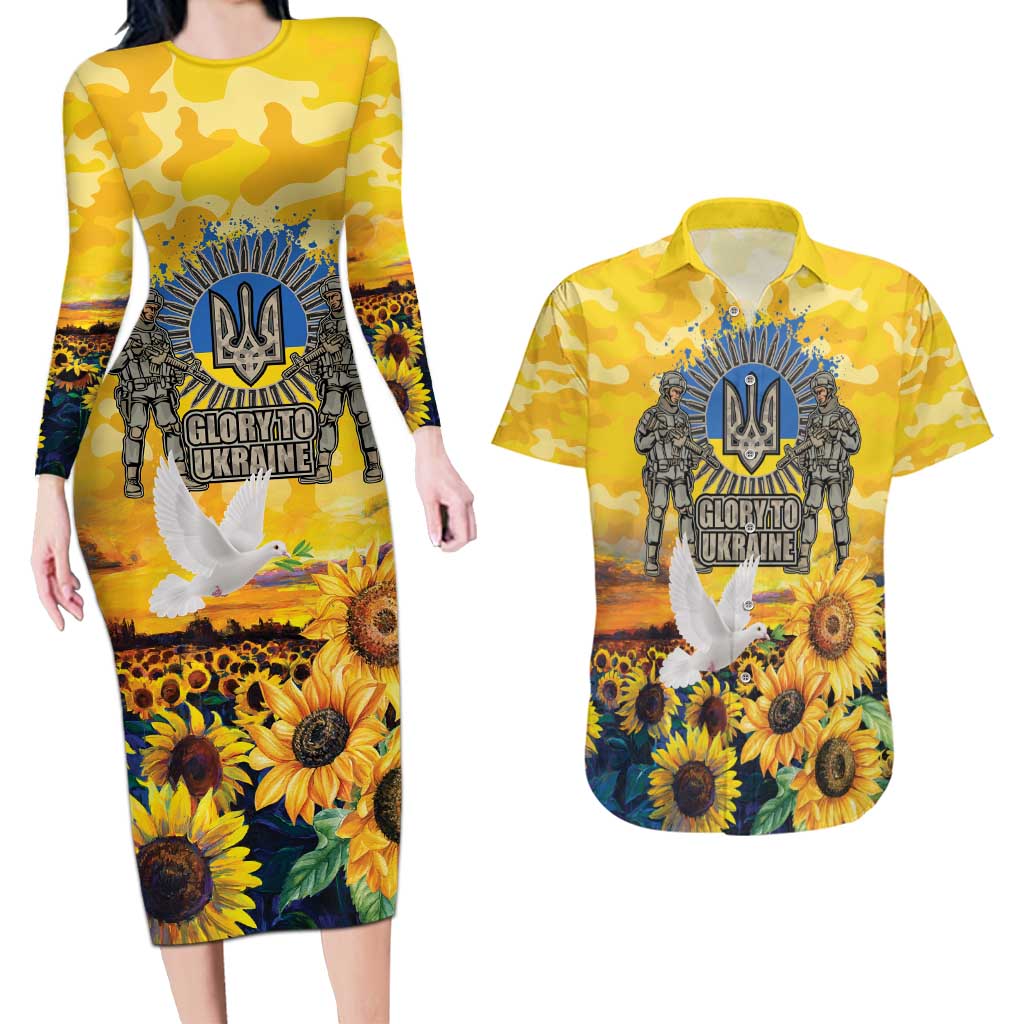 Glory to Ukraine Couples Matching Long Sleeve Bodycon Dress and Hawaiian Shirt Sunflower Field Modern Art