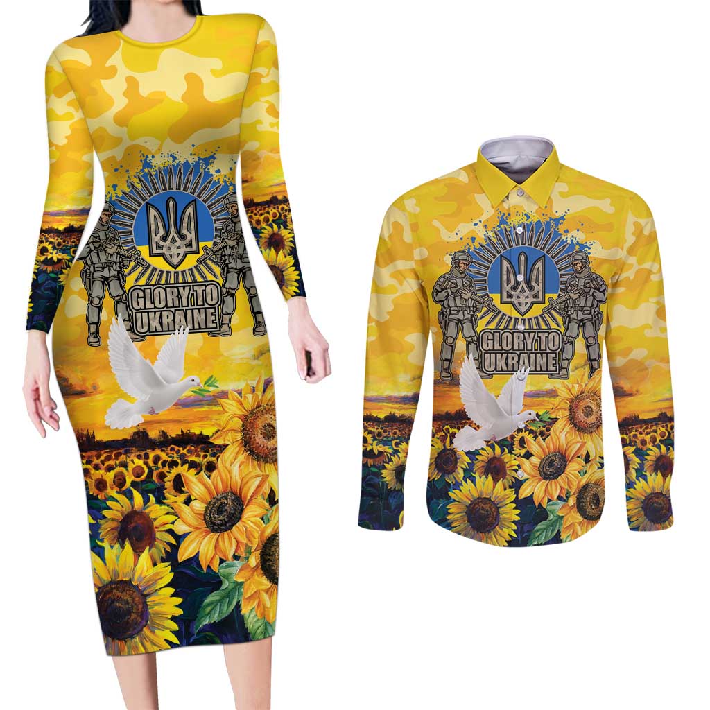 Glory to Ukraine Couples Matching Long Sleeve Bodycon Dress and Long Sleeve Button Shirt Sunflower Field Modern Art