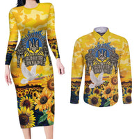 Glory to Ukraine Couples Matching Long Sleeve Bodycon Dress and Long Sleeve Button Shirt Sunflower Field Modern Art