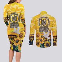 Glory to Ukraine Couples Matching Long Sleeve Bodycon Dress and Long Sleeve Button Shirt Sunflower Field Modern Art
