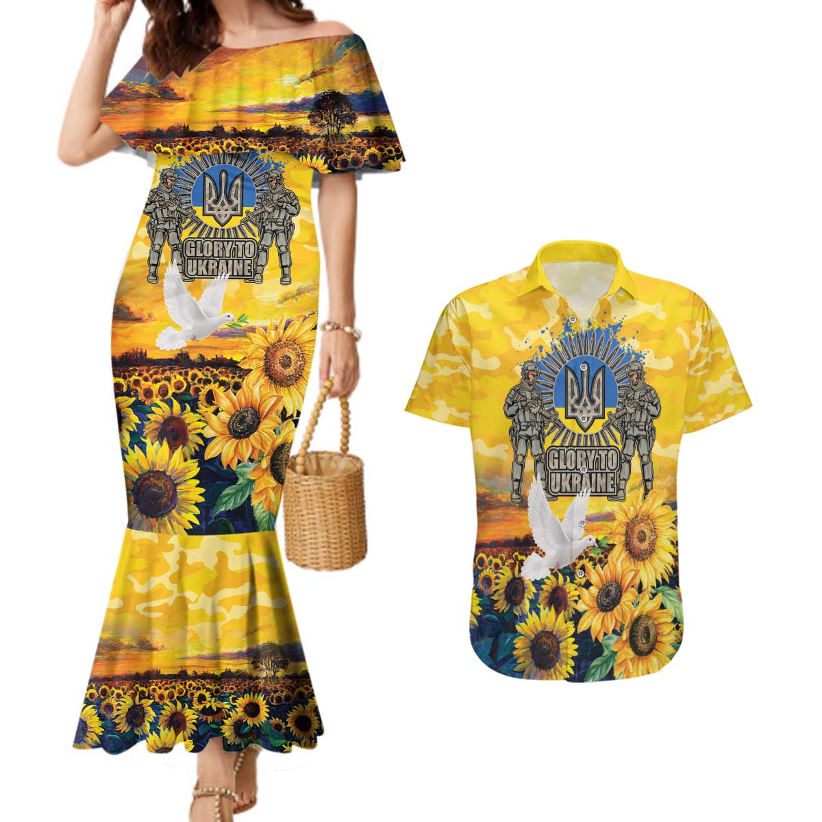 Glory to Ukraine Couples Matching Mermaid Dress and Hawaiian Shirt Sunflower Field Modern Art