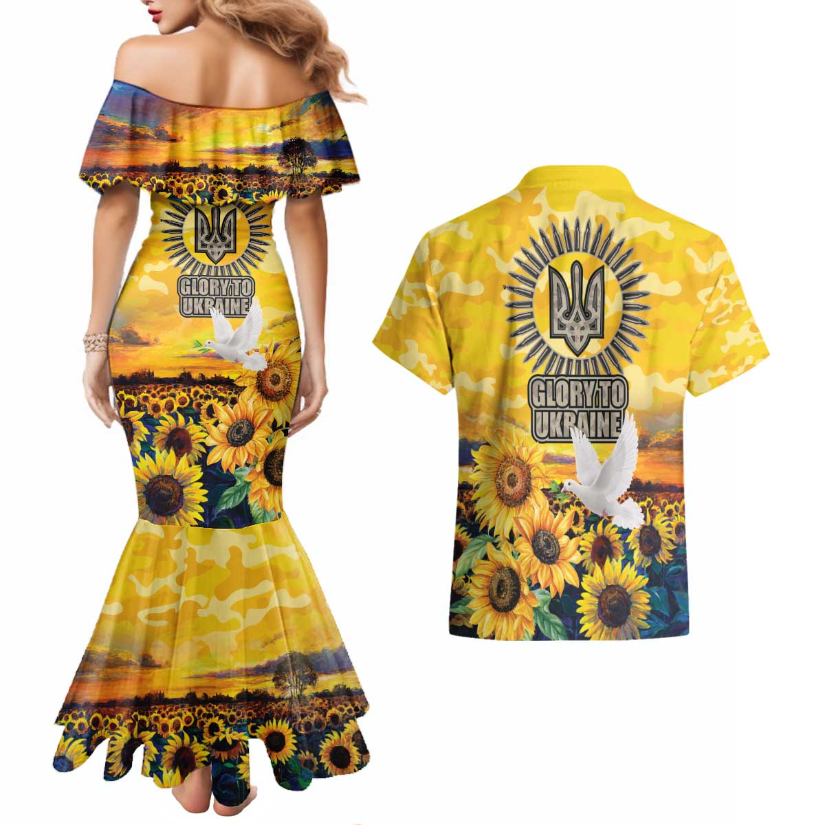 Glory to Ukraine Couples Matching Mermaid Dress and Hawaiian Shirt Sunflower Field Modern Art