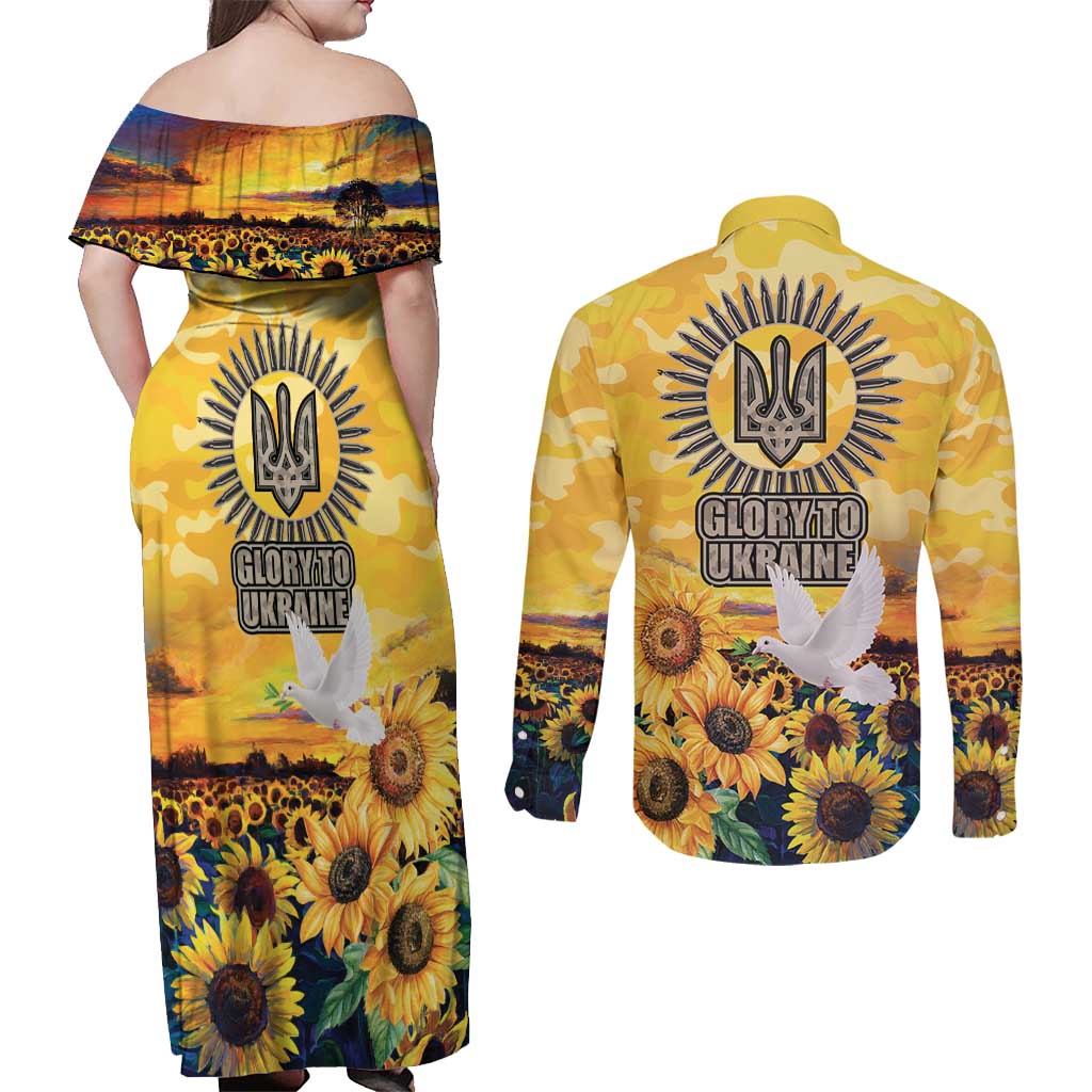 Glory to Ukraine Couples Matching Off Shoulder Maxi Dress and Long Sleeve Button Shirt Sunflower Field Modern Art