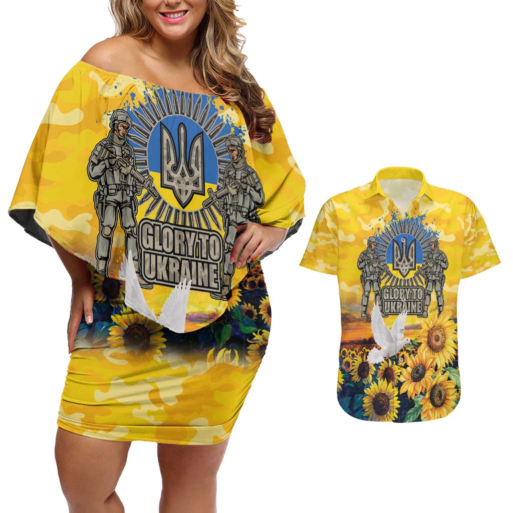 Glory to Ukraine Couples Matching Off Shoulder Short Dress and Hawaiian Shirt Sunflower Field Modern Art