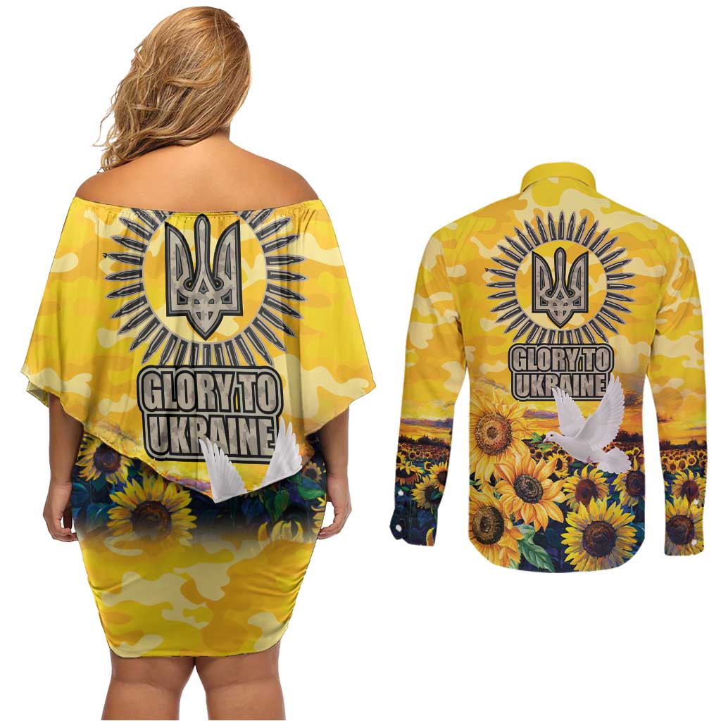 Glory to Ukraine Couples Matching Off Shoulder Short Dress and Long Sleeve Button Shirt Sunflower Field Modern Art