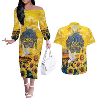 Glory to Ukraine Couples Matching Off The Shoulder Long Sleeve Dress and Hawaiian Shirt Sunflower Field Modern Art