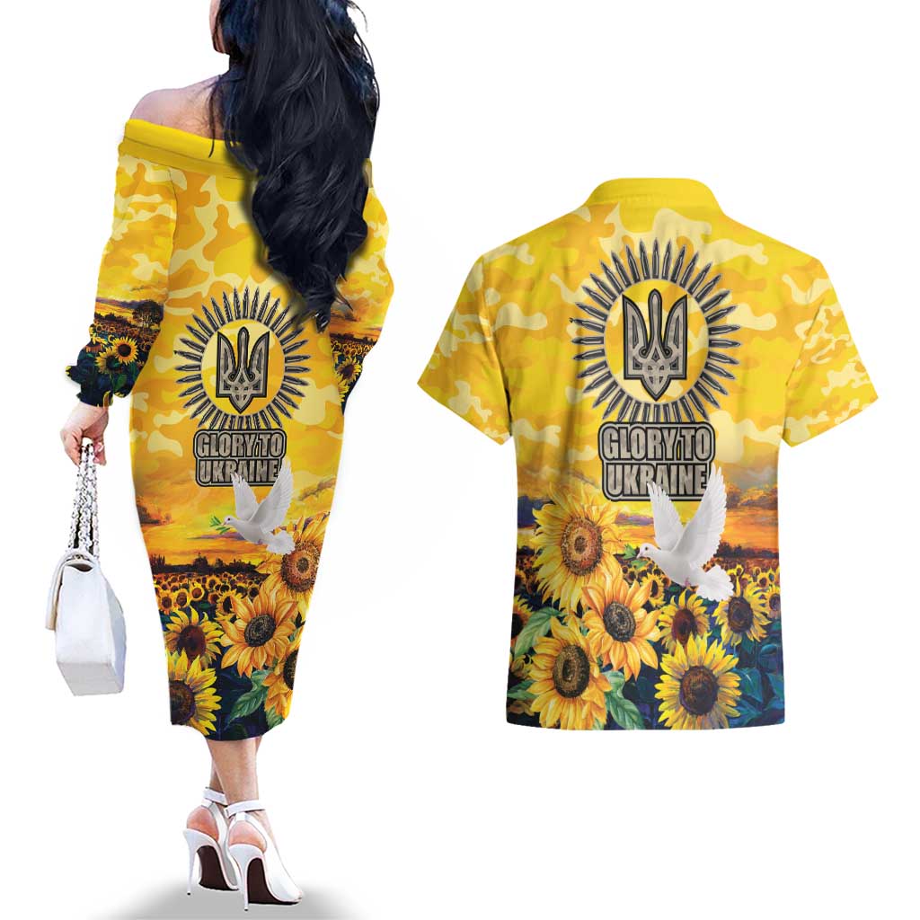 Glory to Ukraine Couples Matching Off The Shoulder Long Sleeve Dress and Hawaiian Shirt Sunflower Field Modern Art