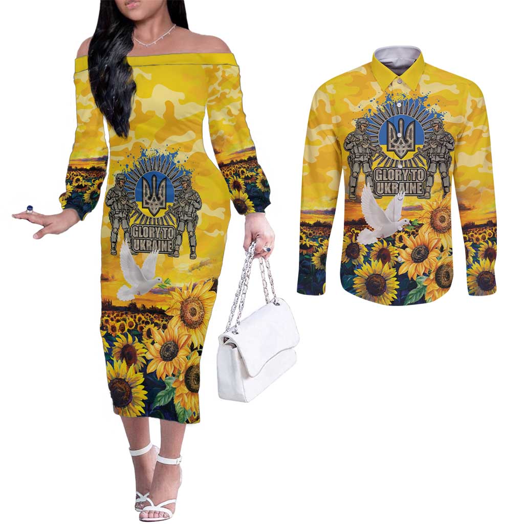 Glory to Ukraine Couples Matching Off The Shoulder Long Sleeve Dress and Long Sleeve Button Shirt Sunflower Field Modern Art