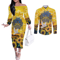 Glory to Ukraine Couples Matching Off The Shoulder Long Sleeve Dress and Long Sleeve Button Shirt Sunflower Field Modern Art