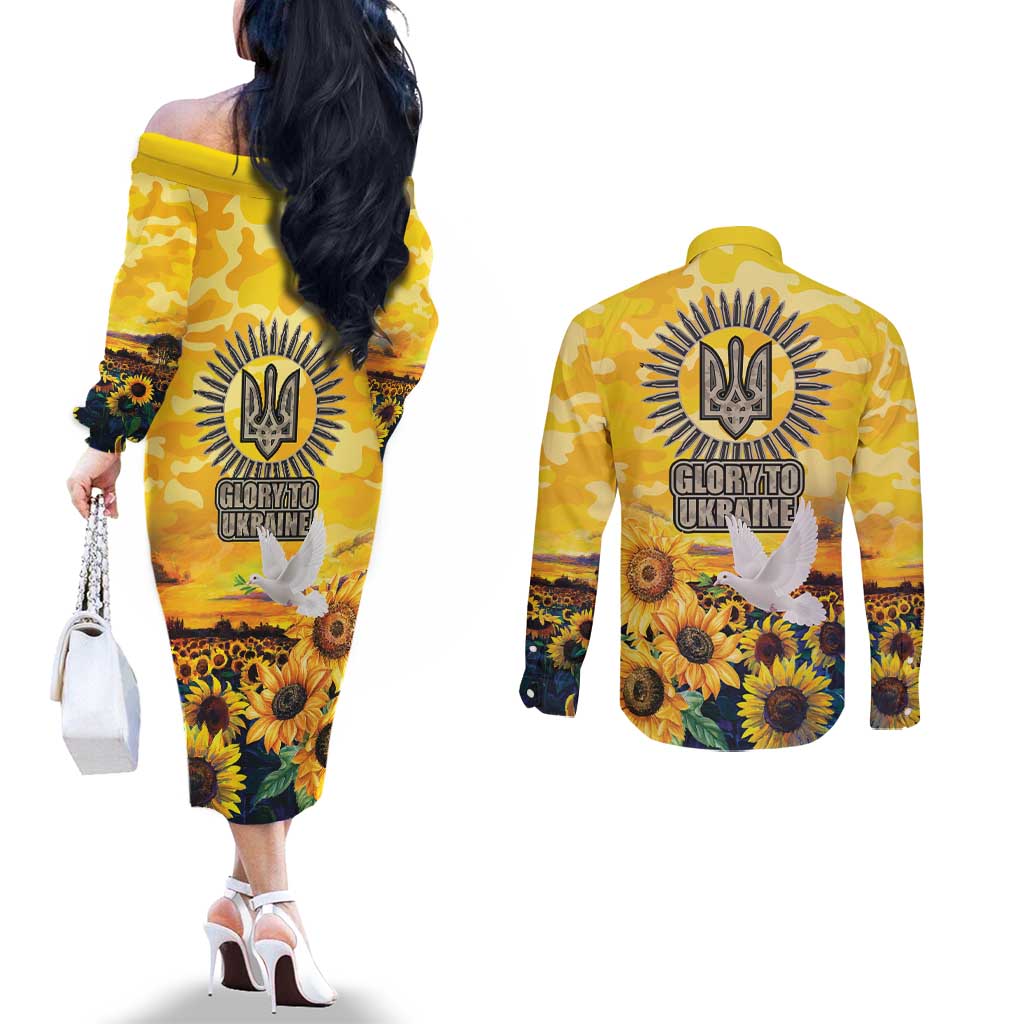 Glory to Ukraine Couples Matching Off The Shoulder Long Sleeve Dress and Long Sleeve Button Shirt Sunflower Field Modern Art