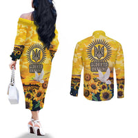 Glory to Ukraine Couples Matching Off The Shoulder Long Sleeve Dress and Long Sleeve Button Shirt Sunflower Field Modern Art