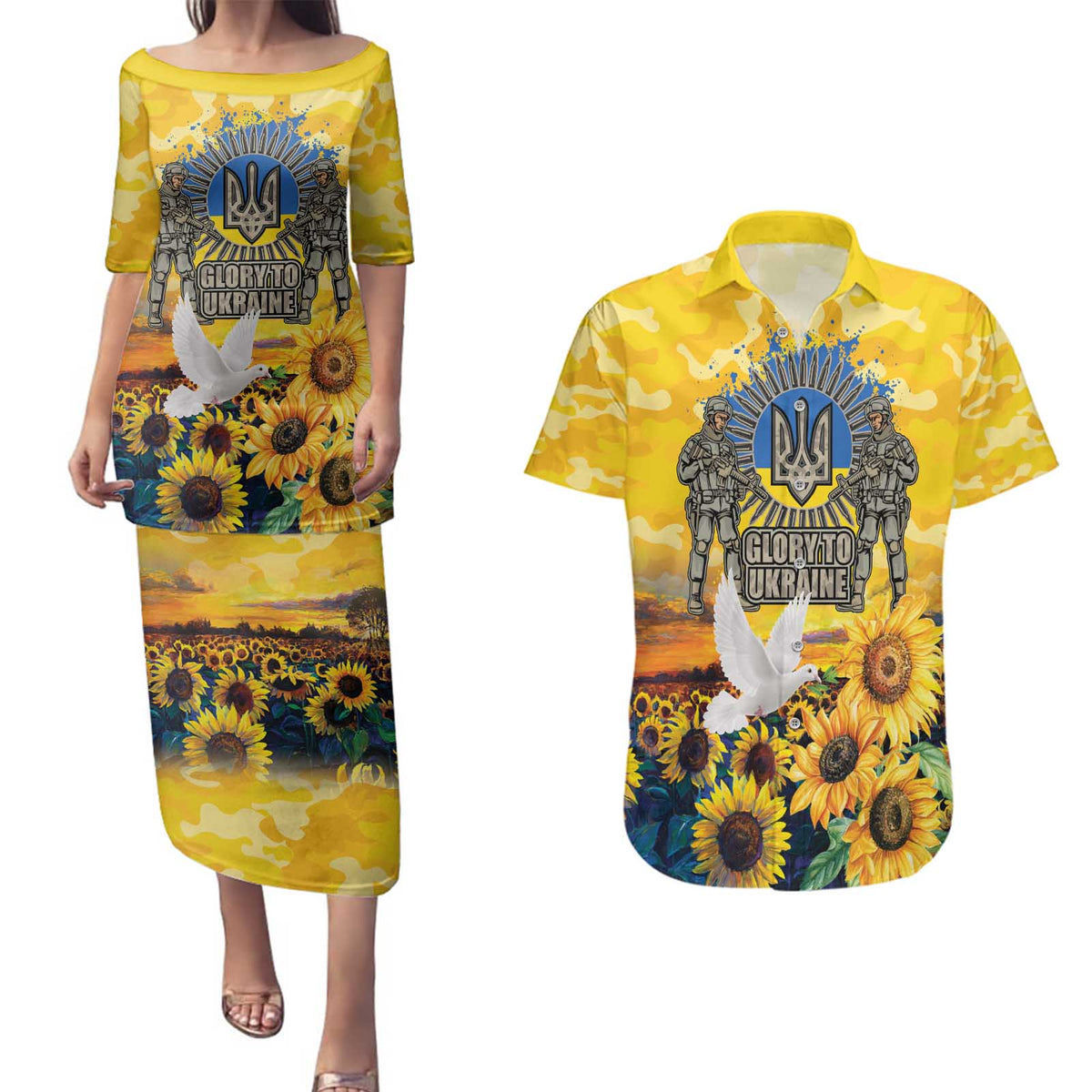 Glory to Ukraine Couples Matching Puletasi and Hawaiian Shirt Sunflower Field Modern Art