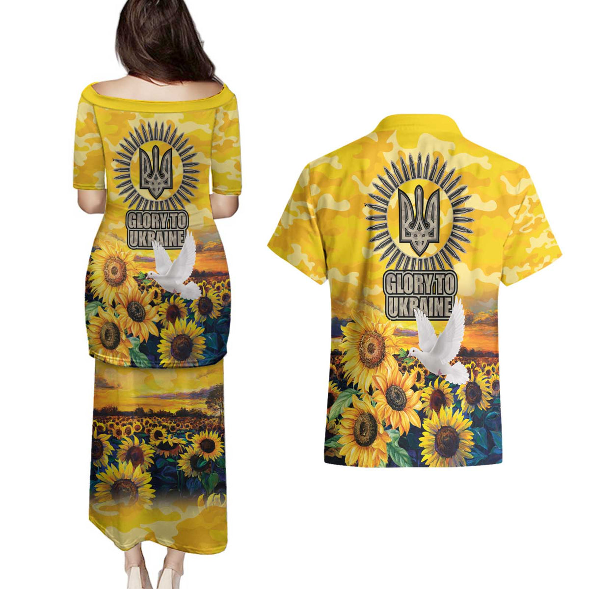 Glory to Ukraine Couples Matching Puletasi and Hawaiian Shirt Sunflower Field Modern Art