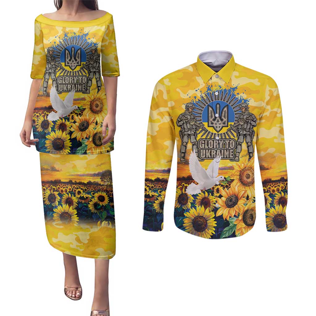 Glory to Ukraine Couples Matching Puletasi and Long Sleeve Button Shirt Sunflower Field Modern Art