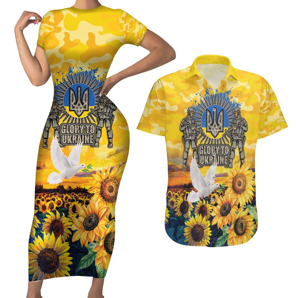 Glory to Ukraine Couples Matching Short Sleeve Bodycon Dress and Hawaiian Shirt Sunflower Field Modern Art