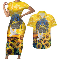 Glory to Ukraine Couples Matching Short Sleeve Bodycon Dress and Hawaiian Shirt Sunflower Field Modern Art