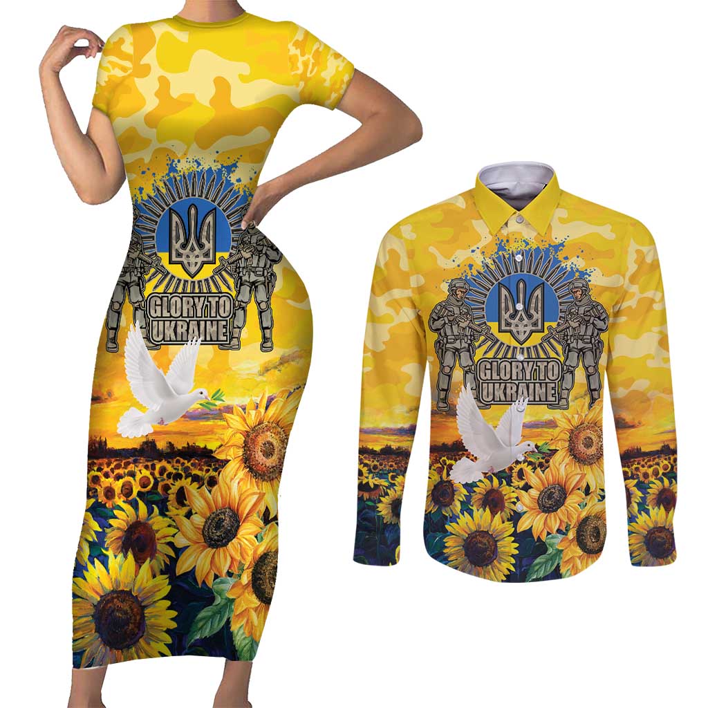 Glory to Ukraine Couples Matching Short Sleeve Bodycon Dress and Long Sleeve Button Shirt Sunflower Field Modern Art