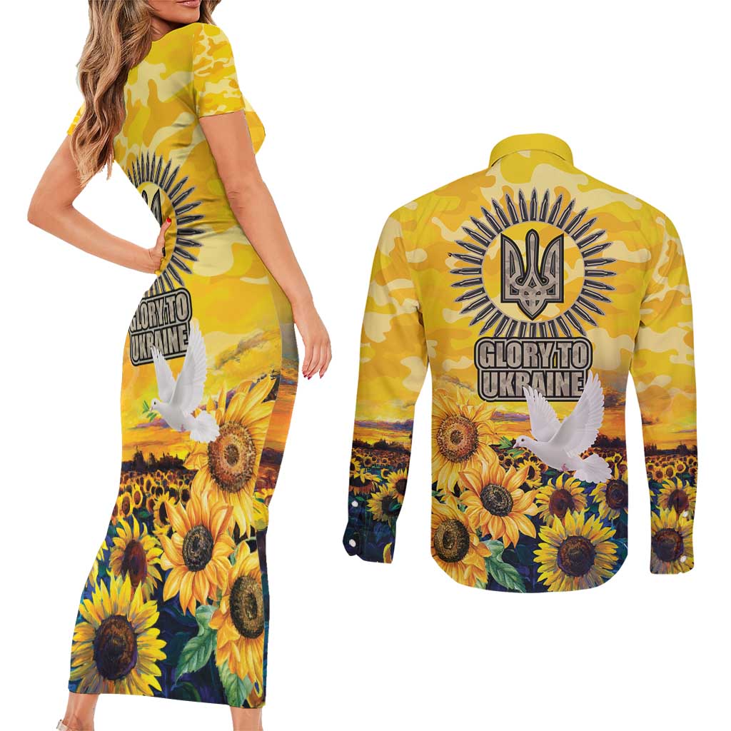 Glory to Ukraine Couples Matching Short Sleeve Bodycon Dress and Long Sleeve Button Shirt Sunflower Field Modern Art