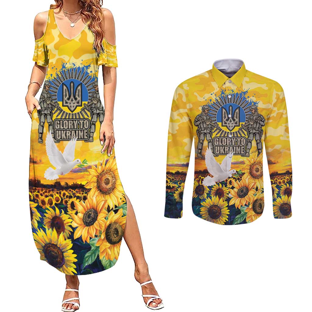 Glory to Ukraine Couples Matching Summer Maxi Dress and Long Sleeve Button Shirt Sunflower Field Modern Art