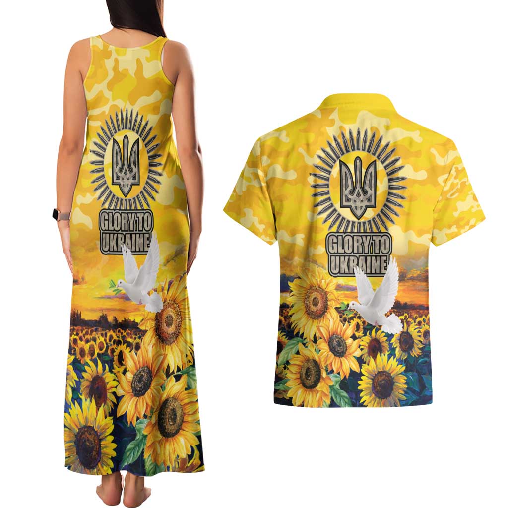 Glory to Ukraine Couples Matching Tank Maxi Dress and Hawaiian Shirt Sunflower Field Modern Art