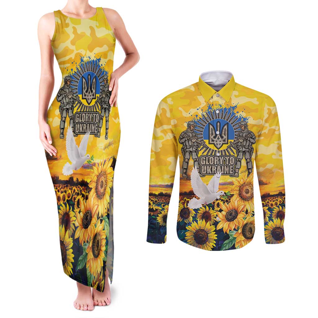 Glory to Ukraine Couples Matching Tank Maxi Dress and Long Sleeve Button Shirt Sunflower Field Modern Art
