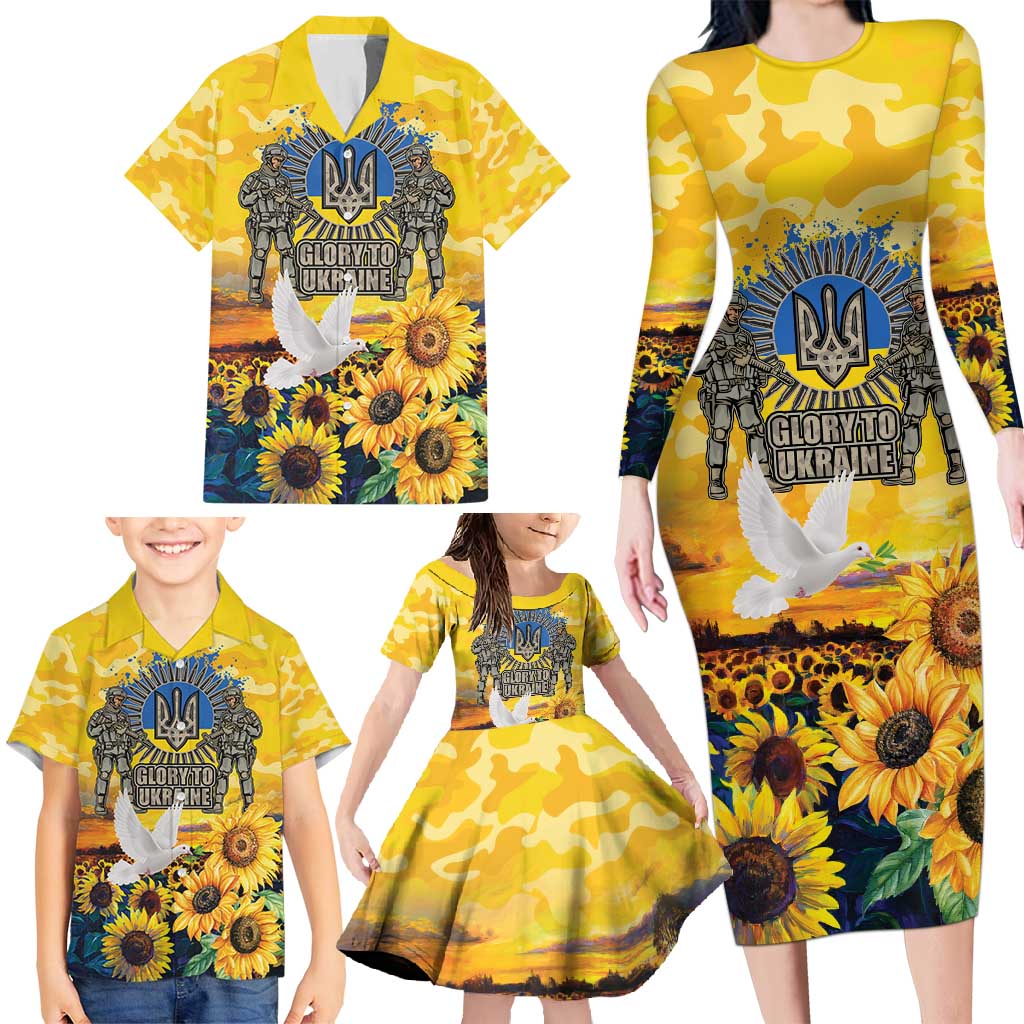 Glory to Ukraine Family Matching Long Sleeve Bodycon Dress and Hawaiian Shirt Sunflower Field Modern Art