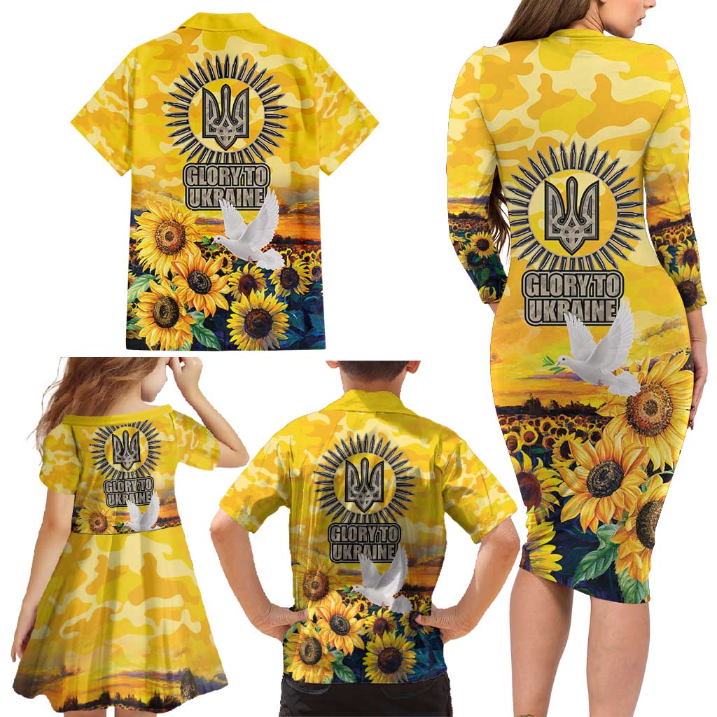 Glory to Ukraine Family Matching Long Sleeve Bodycon Dress and Hawaiian Shirt Sunflower Field Modern Art