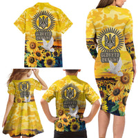 Glory to Ukraine Family Matching Long Sleeve Bodycon Dress and Hawaiian Shirt Sunflower Field Modern Art