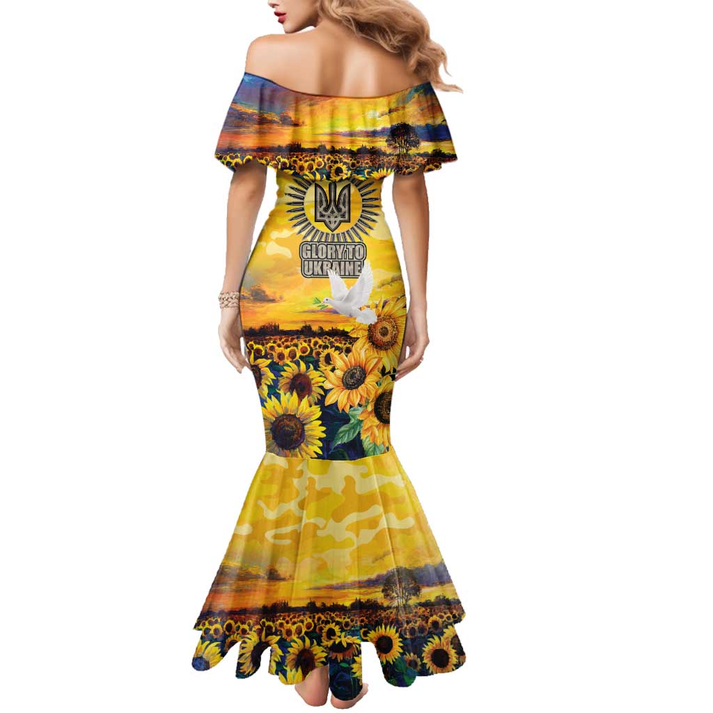 Glory to Ukraine Family Matching Mermaid Dress and Hawaiian Shirt Sunflower Field Modern Art